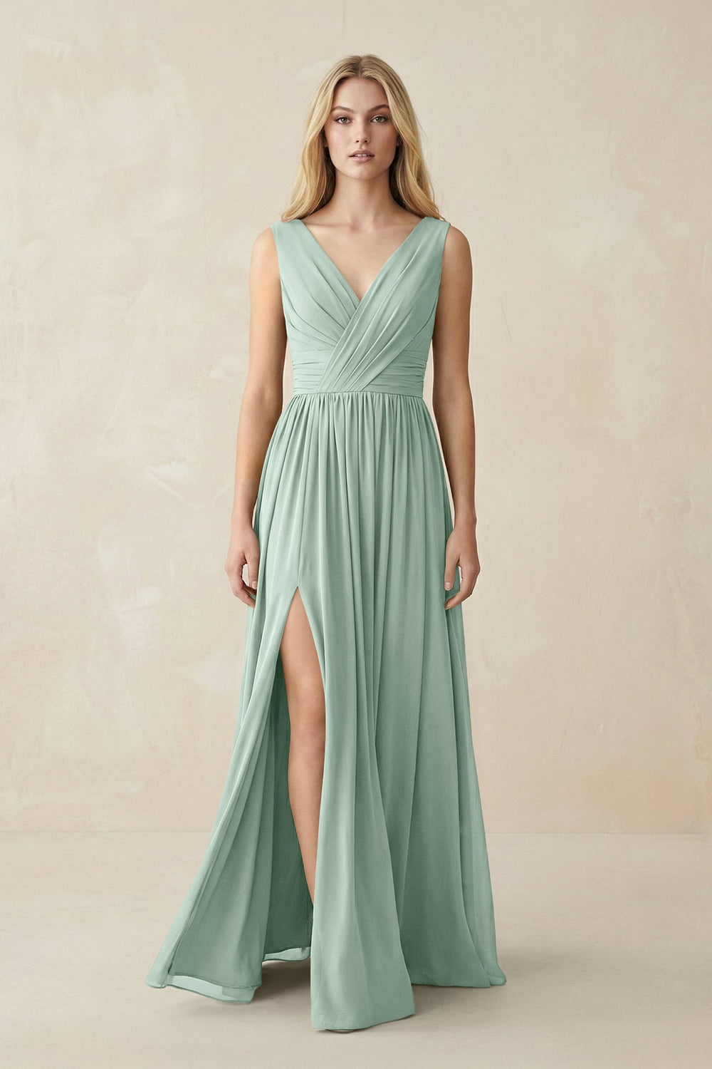V-Neck Chiffon Pleated A-Line Bridesmaid Dress in Sage