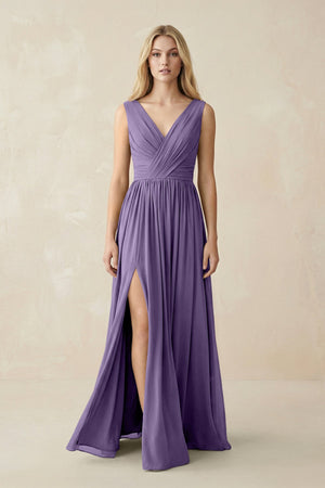 V-Neck Chiffon Pleated A-Line Bridesmaid Dress in Tahiti | KISSBRIDAL