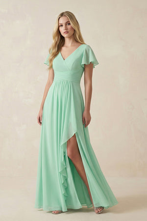 V-Neck Flutter Sleeve A-Line Chiffon Bridesmaid Dress in Pale Pistachio - KISS BRIDAL BRIDESMAID DRESSES