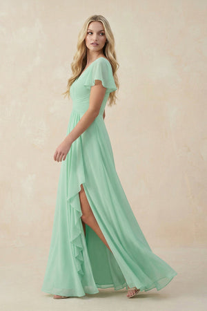 V-Neck Flutter Sleeve A-Line Chiffon Bridesmaid Dress in Pale Pistachio - KISS BRIDAL BRIDESMAID DRESSES