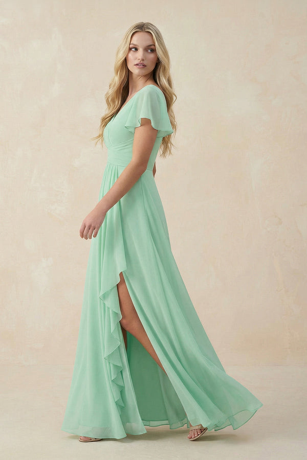 V-Neck Flutter Sleeve A-Line Chiffon Bridesmaid Dress in Pale Pistachio - KISS BRIDAL BRIDESMAID DRESSES