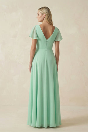 V-Neck Flutter Sleeve A-Line Chiffon Bridesmaid Dress in Pale Pistachio - KISS BRIDAL BRIDESMAID DRESSES