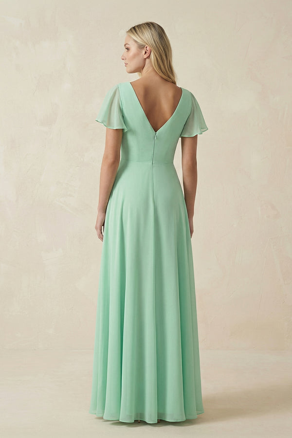 V-Neck Flutter Sleeve A-Line Chiffon Bridesmaid Dress in Pale Pistachio - KISS BRIDAL BRIDESMAID DRESSES