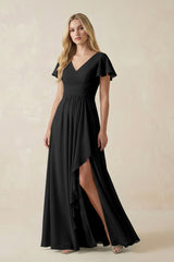 V - Neck Flutter Sleeve A - Line Chiffon Bridesmaid Dress in Black - KISS BRIDAL Bridesmaid Dresses