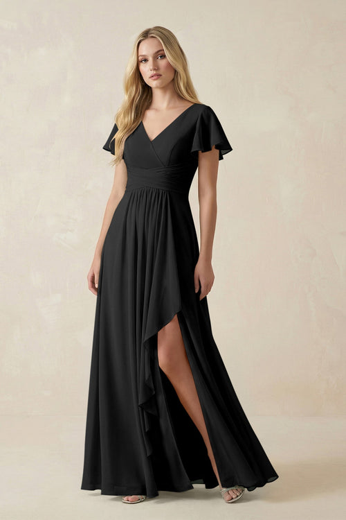 V - Neck Flutter Sleeve A - Line Chiffon Bridesmaid Dress in Black - KISS BRIDAL Bridesmaid Dresses