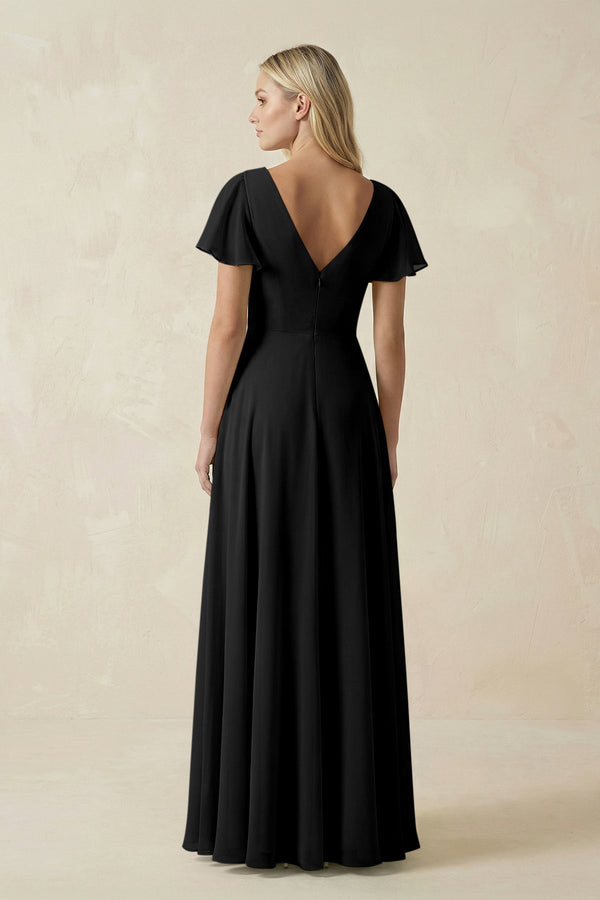 V - Neck Flutter Sleeve A - Line Chiffon Bridesmaid Dress in Black - KISS BRIDAL Bridesmaid Dresses