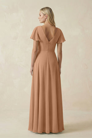 V - Neck Flutter Sleeve A - Line Chiffon Bridesmaid Dress in Bronzer - KISS BRIDAL Bridesmaid Dresses