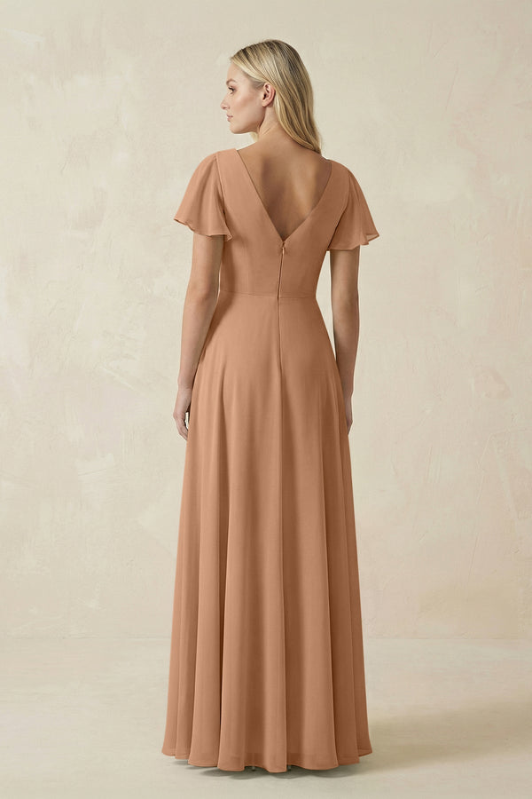 V - Neck Flutter Sleeve A - Line Chiffon Bridesmaid Dress in Bronzer - KISS BRIDAL Bridesmaid Dresses