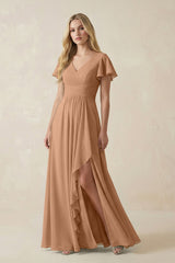 V - Neck Flutter Sleeve A - Line Chiffon Bridesmaid Dress in Bronzer - KISS BRIDAL Bridesmaid Dresses