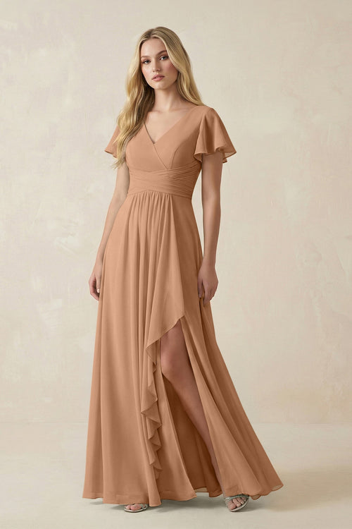 V - Neck Flutter Sleeve A - Line Chiffon Bridesmaid Dress in Bronzer - KISS BRIDAL Bridesmaid Dresses