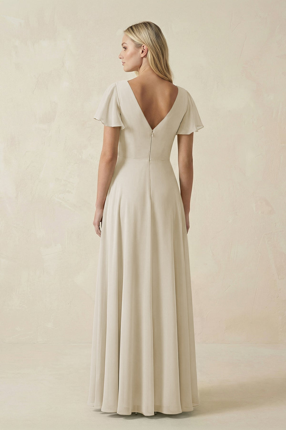 V-Neck Flutter Sleeve A-Line Chiffon Bridesmaid Dress in Dove Gray