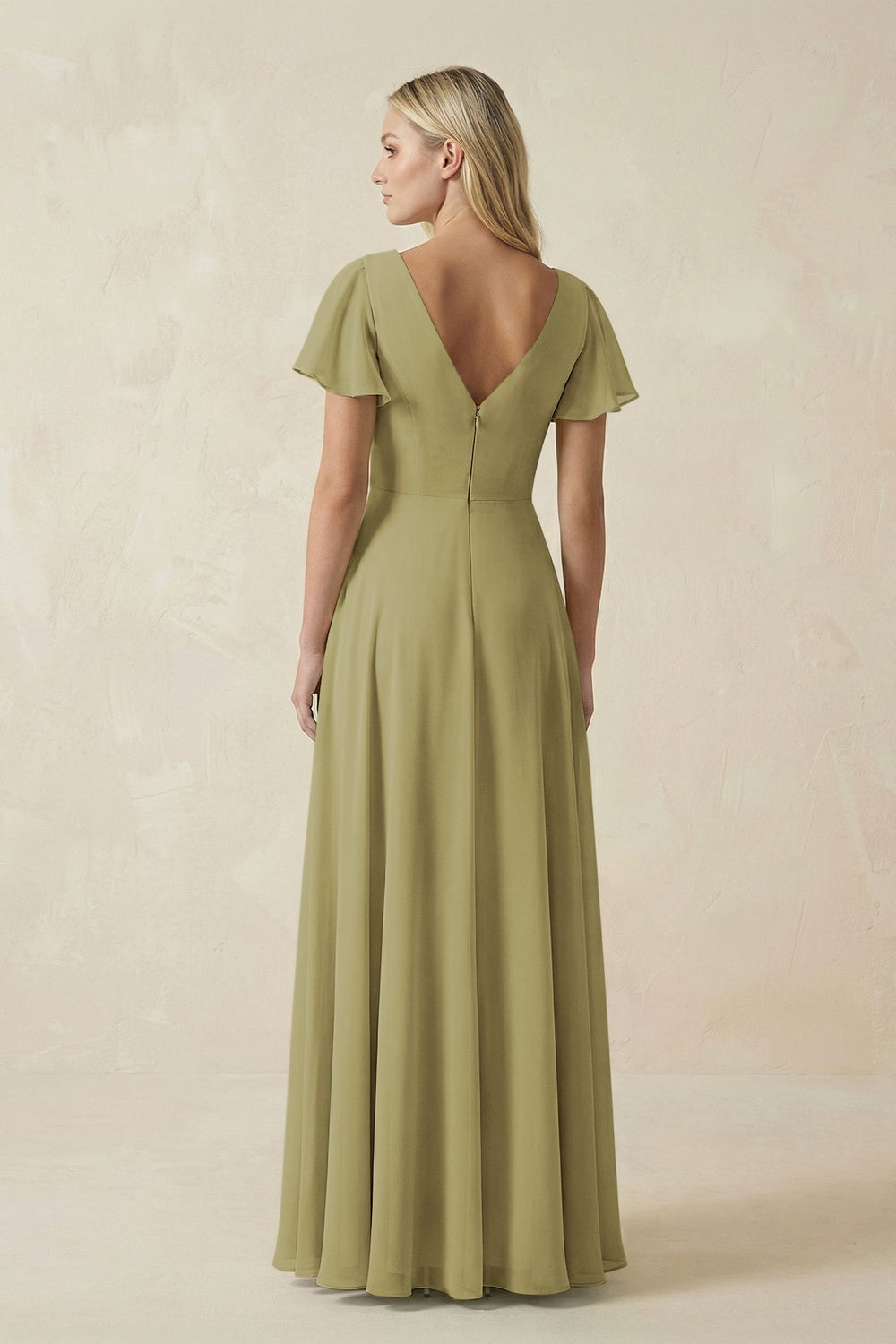 V-Neck Flutter Sleeve A-Line Chiffon Bridesmaid Dress in Moss Green