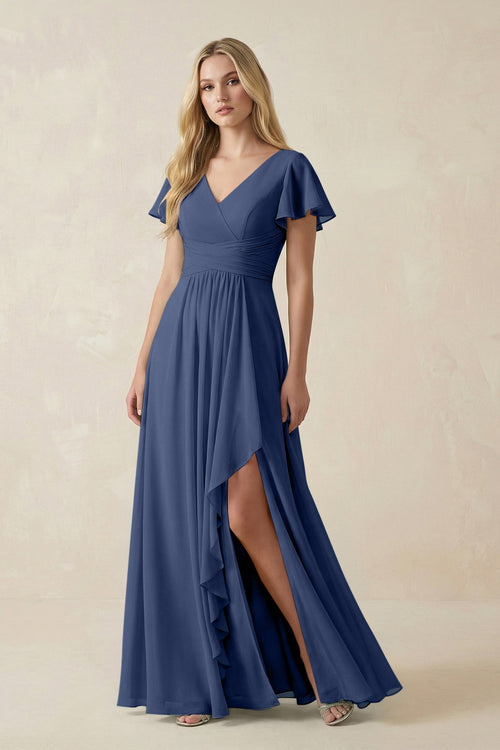 V - Neck Flutter Sleeve A - Line Chiffon Bridesmaid Dress in Navy - KISS BRIDAL Bridesmaid Dresses