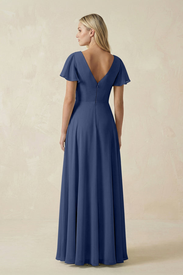 V - Neck Flutter Sleeve A - Line Chiffon Bridesmaid Dress in Navy - KISS BRIDAL Bridesmaid Dresses