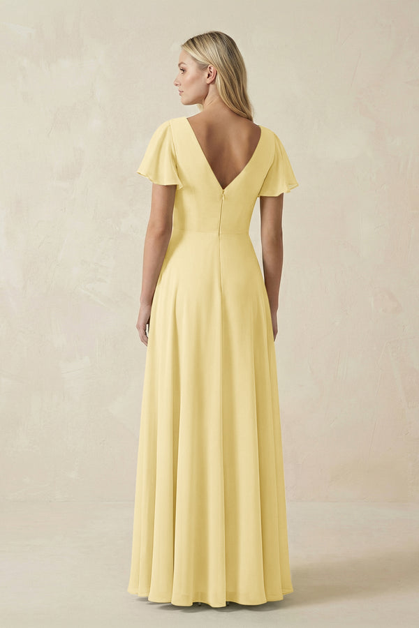 V - Neck Flutter Sleeve A - Line Chiffon Bridesmaid Dress in Pastel Yellow - KISS BRIDAL Bridesmaid Dresses
