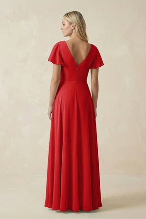V - Neck Flutter Sleeve A - Line Chiffon Bridesmaid Dress in Ruby Red - KISS BRIDAL Bridesmaid Dresses