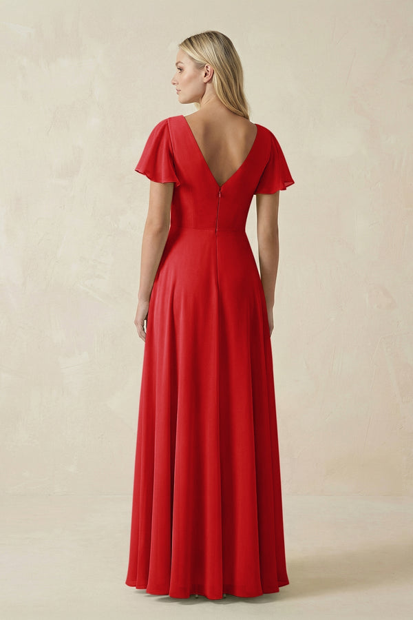 V - Neck Flutter Sleeve A - Line Chiffon Bridesmaid Dress in Ruby Red - KISS BRIDAL Bridesmaid Dresses