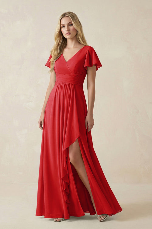 V - Neck Flutter Sleeve A - Line Chiffon Bridesmaid Dress in Ruby Red - KISS BRIDAL Bridesmaid Dresses