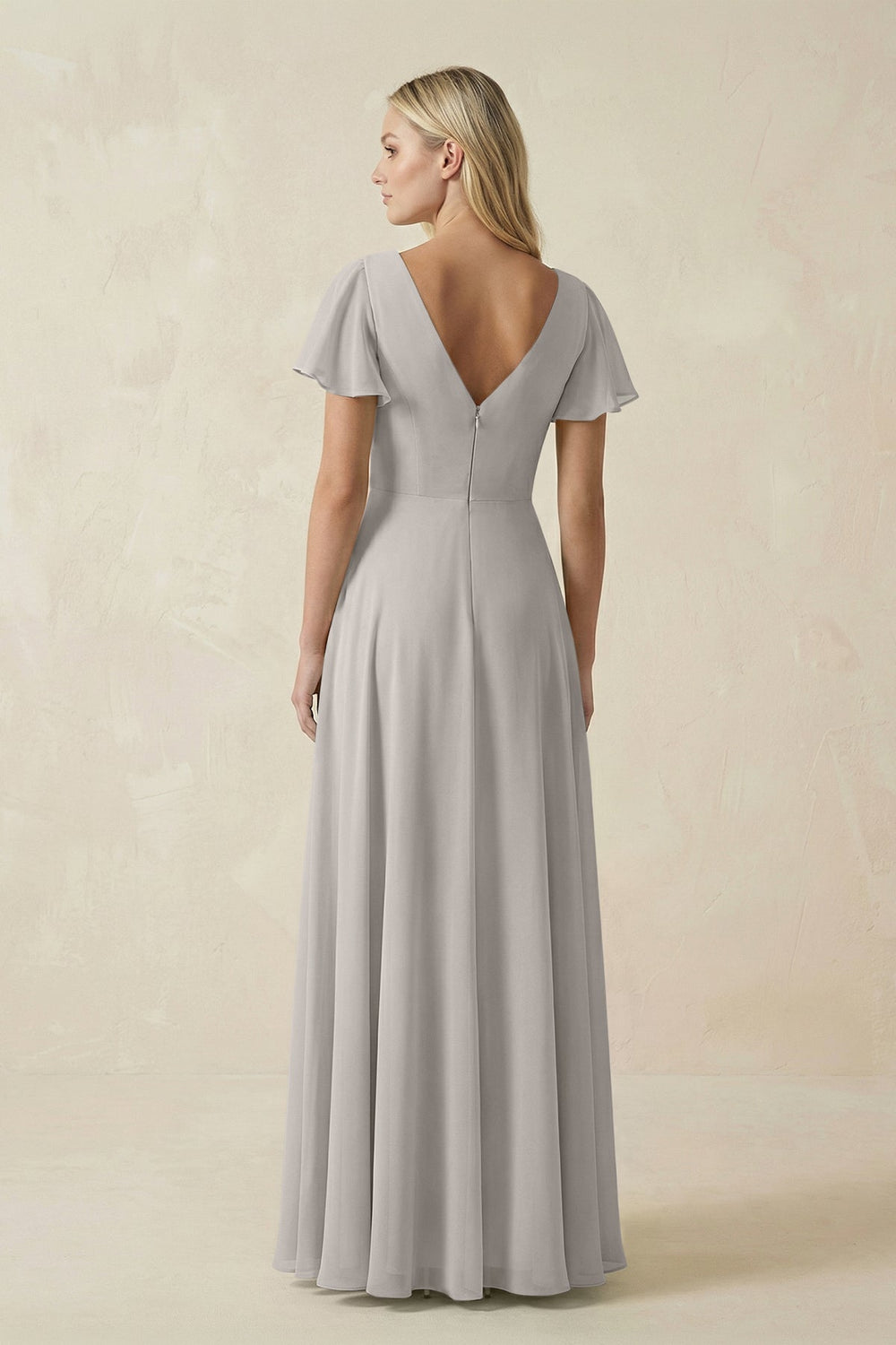 V-Neck Flutter Sleeve A-Line Chiffon Bridesmaid Dress in Silver