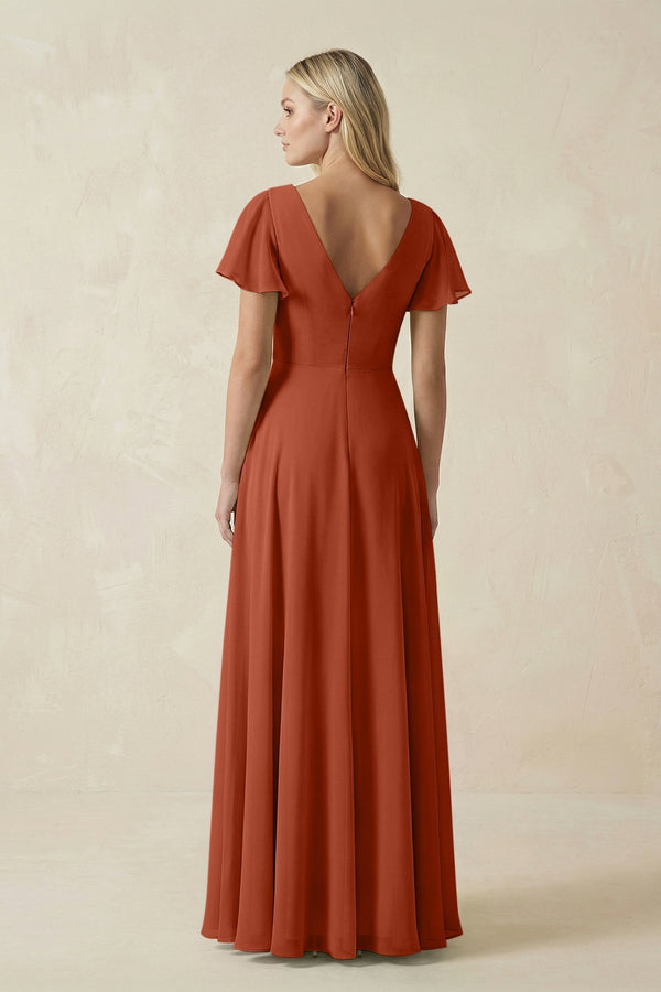 V - Neck Flutter Sleeve A - Line Chiffon Bridesmaid Dress in Spice - KISS BRIDAL Bridesmaid Dresses