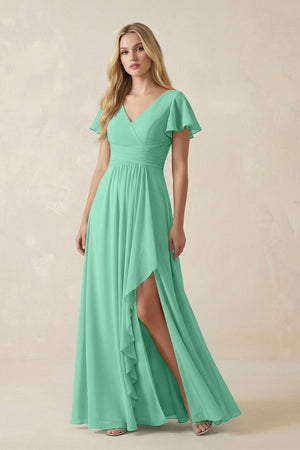V - Neck Flutter Sleeve A - Line Chiffon Bridesmaid Dress in Turquoise - KISS BRIDAL Bridesmaid Dresses