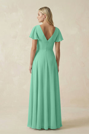 V - Neck Flutter Sleeve A - Line Chiffon Bridesmaid Dress in Turquoise - KISS BRIDAL Bridesmaid Dresses