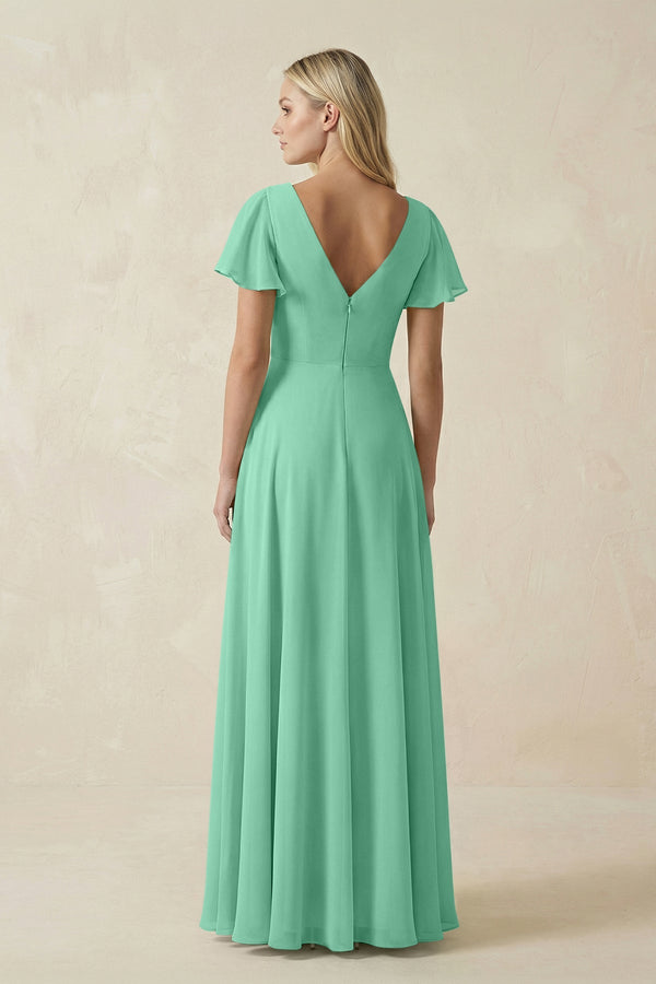V - Neck Flutter Sleeve A - Line Chiffon Bridesmaid Dress in Turquoise - KISS BRIDAL Bridesmaid Dresses