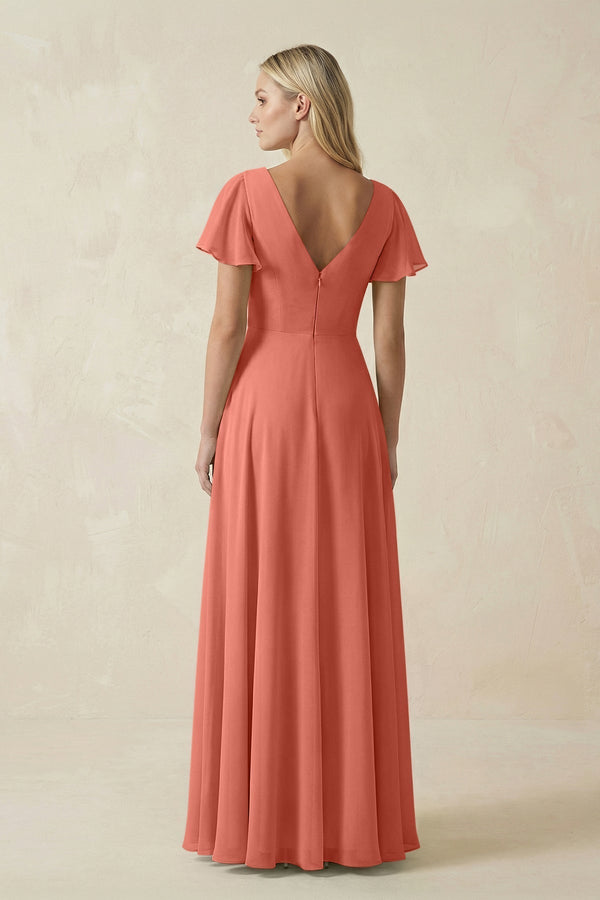 V - Neck Flutter Sleeve A - Line Chiffon Bridesmaid Dress in Wild Rose - KISS BRIDAL Bridesmaid Dresses