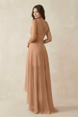 V - Neck High - Low Chiffon Bridesmaid Dress in Bronzer - KISS BRIDAL Bridesmaid Dresses