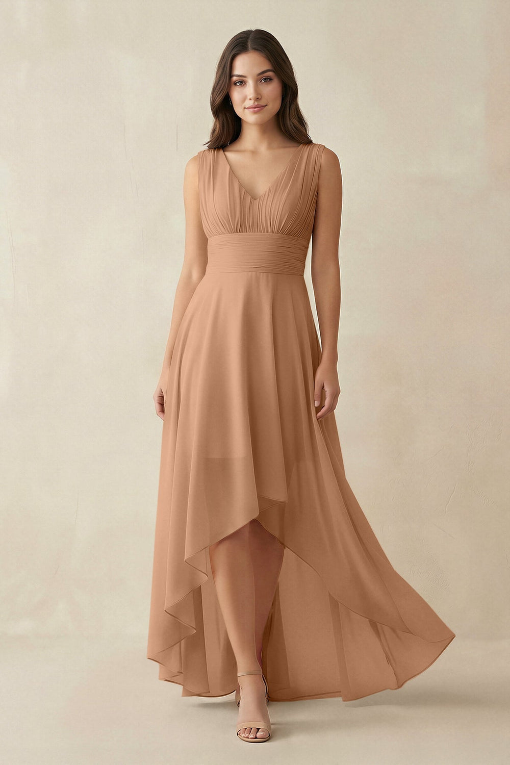 V-Neck High-Low Chiffon Bridesmaid Dress in Bronzer