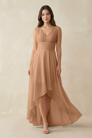 V - Neck High - Low Chiffon Bridesmaid Dress in Bronzer - KISS BRIDAL Bridesmaid Dresses