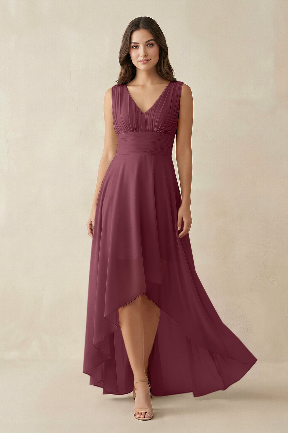 V-Neck High-Low Chiffon Bridesmaid Dress in Desert Rose