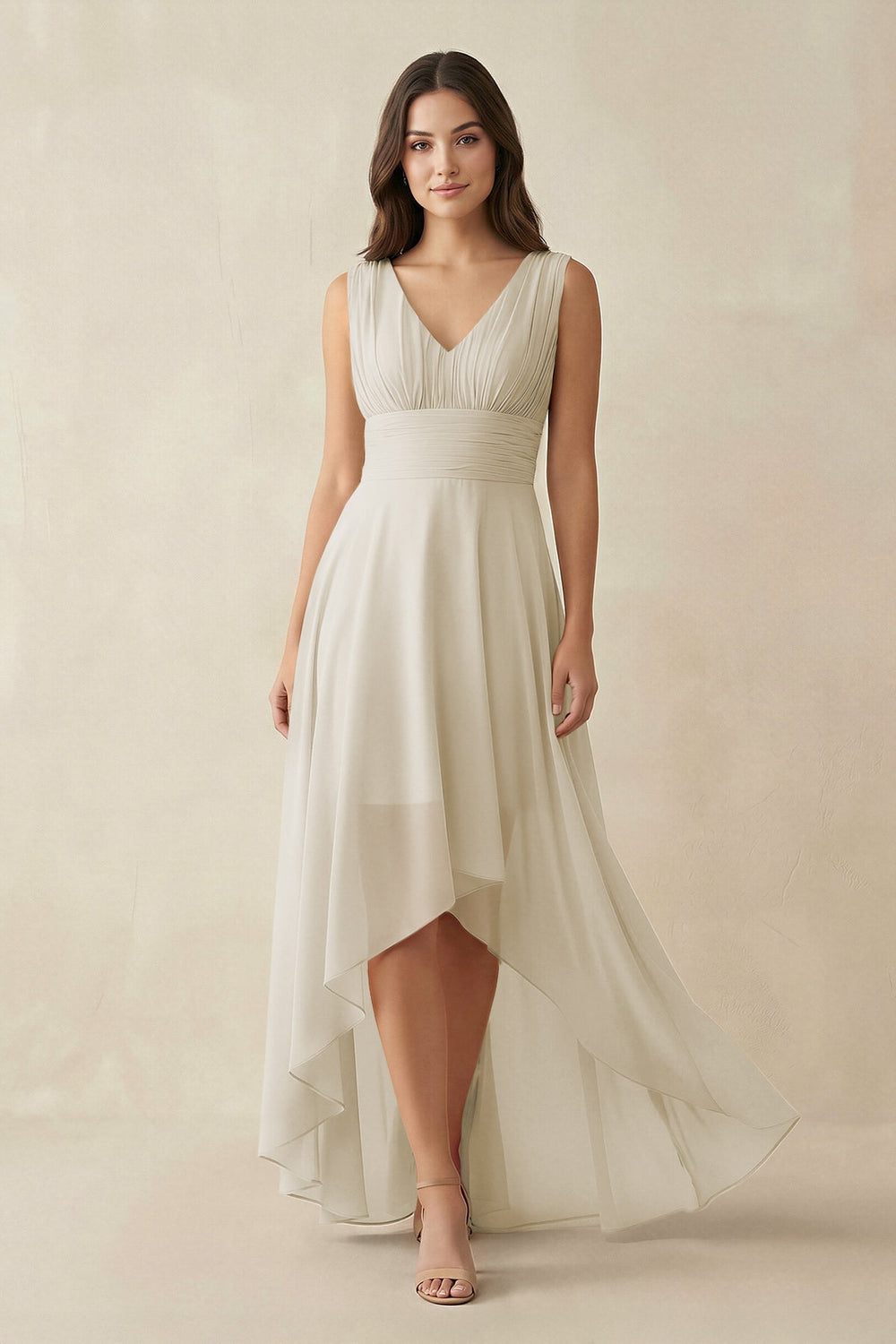 V-Neck High-Low Chiffon Bridesmaid Dress in Dove Gray