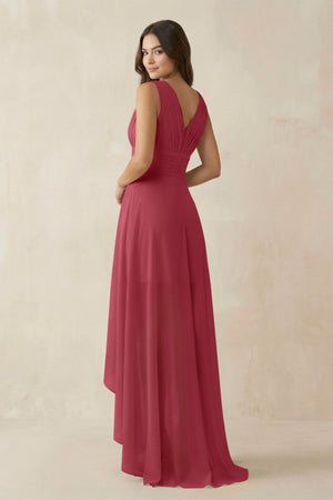 V - Neck High - Low Chiffon Bridesmaid Dress in Merlot - KISS BRIDAL Bridesmaid Dresses