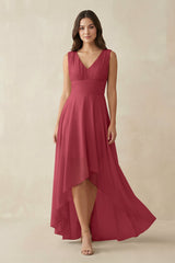 V - Neck High - Low Chiffon Bridesmaid Dress in Merlot - KISS BRIDAL Bridesmaid Dresses