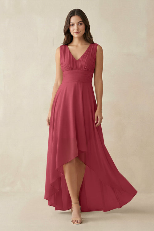 V - Neck High - Low Chiffon Bridesmaid Dress in Merlot - KISS BRIDAL Bridesmaid Dresses
