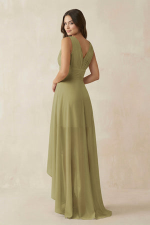 V-Neck High-Low Chiffon Bridesmaid Dress in Moss Green (2) | KISSBRIDAL