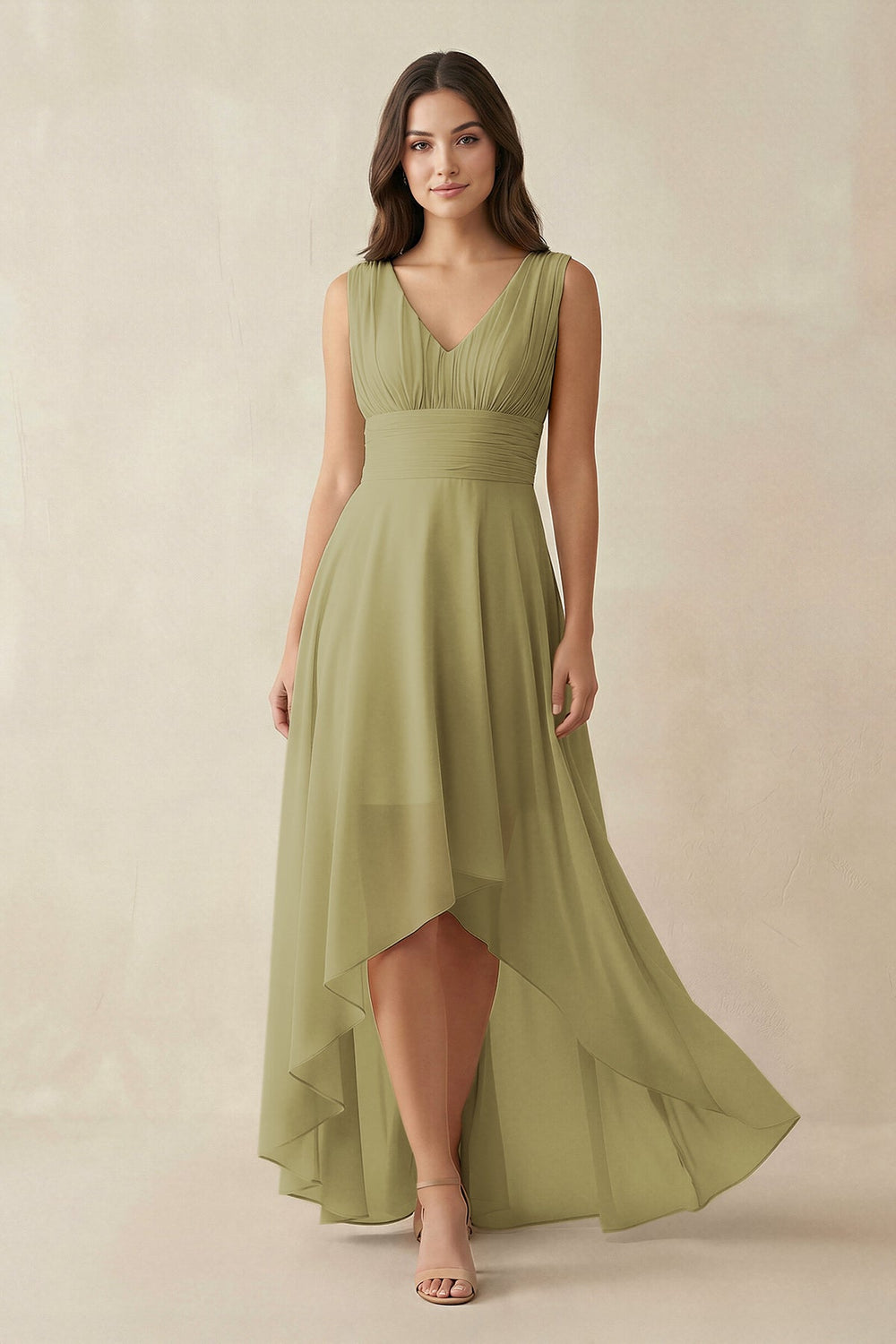 V-Neck High-Low Chiffon Bridesmaid Dress in Moss Green