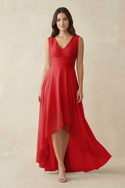V - Neck High - Low Chiffon Bridesmaid Dress in Ruby Red - KISS BRIDAL Bridesmaid Dresses