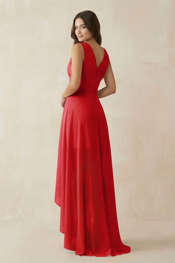 V - Neck High - Low Chiffon Bridesmaid Dress in Ruby Red - KISS BRIDAL Bridesmaid Dresses