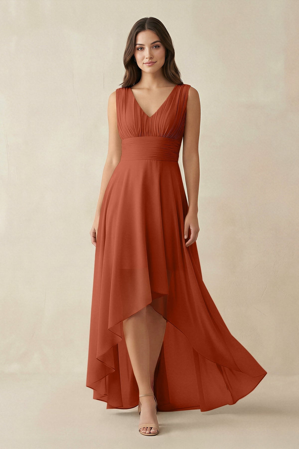 V-Neck High-Low Chiffon Bridesmaid Dress in Spice