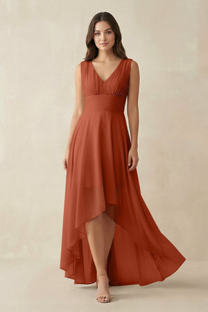 V - Neck High - Low Chiffon Bridesmaid Dress in Spice - KISS BRIDAL Bridesmaid Dresses