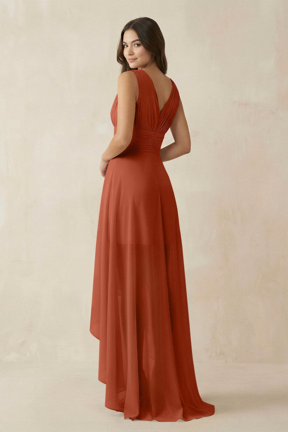 V-Neck High-Low Chiffon Bridesmaid Dress in Spice