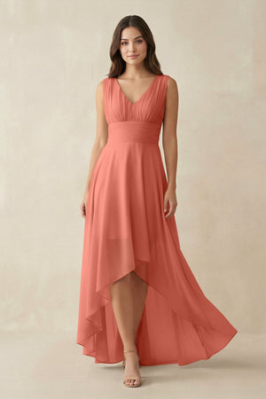 V - Neck High - Low Chiffon Bridesmaid Dress in Wild Rose - KISS BRIDAL Bridesmaid Dresses
