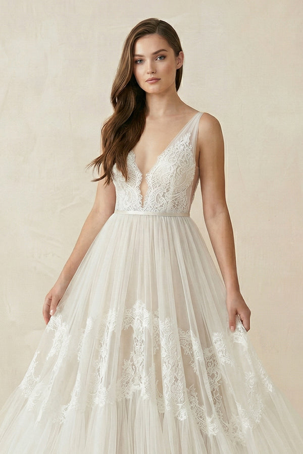 V - Neck Lace A - Line Tulle Wedding Dress in White - Nude - KISS BRIDAL Wedding Dresses