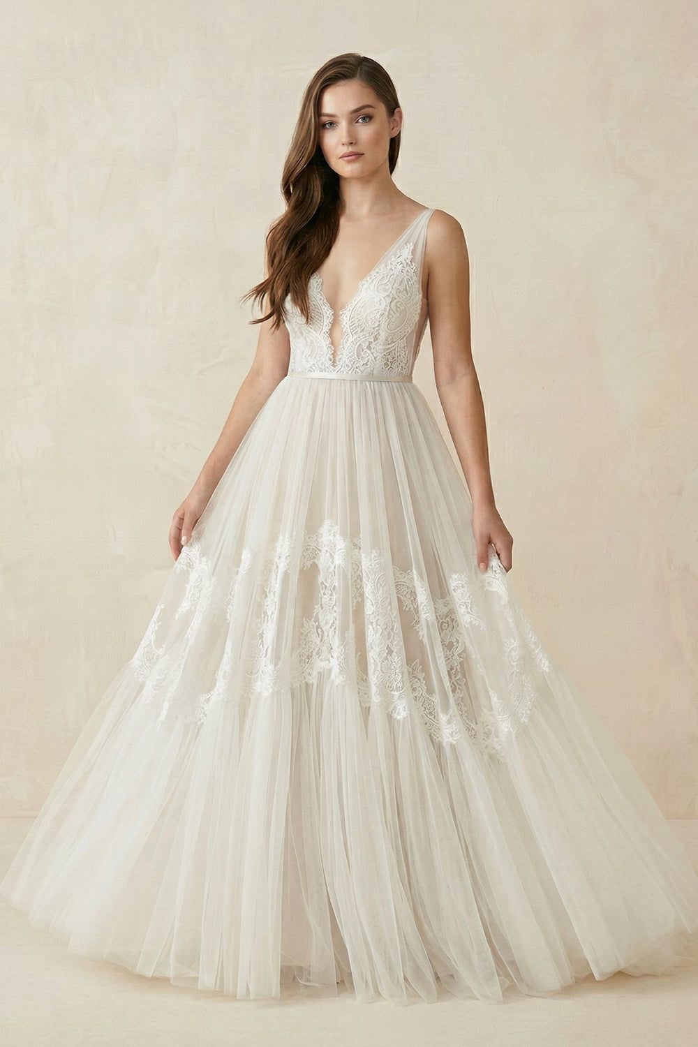 V-Neck Lace A-Line Tulle Wedding Dress in White-Nude
