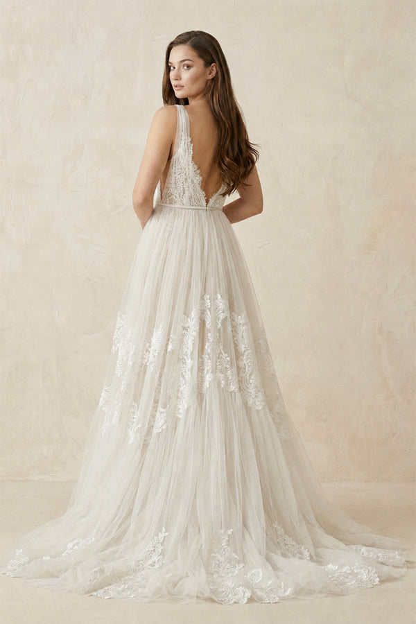 V-Neck Lace A-Line Tulle Wedding Dress in White-Nude