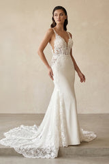 V - Neck Lace Mermaid Appliqued Wedding Dress in White - KISS BRIDAL Wedding Dresses