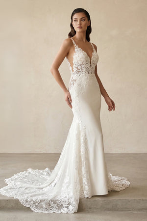 V - Neck Lace Mermaid Appliqued Wedding Dress in White - KISS BRIDAL Wedding Dresses