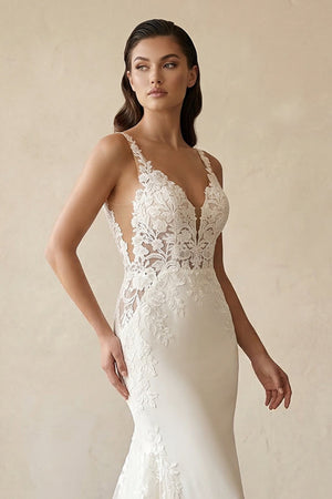 V - Neck Lace Mermaid Appliqued Wedding Dress in White - KISS BRIDAL Wedding Dresses
